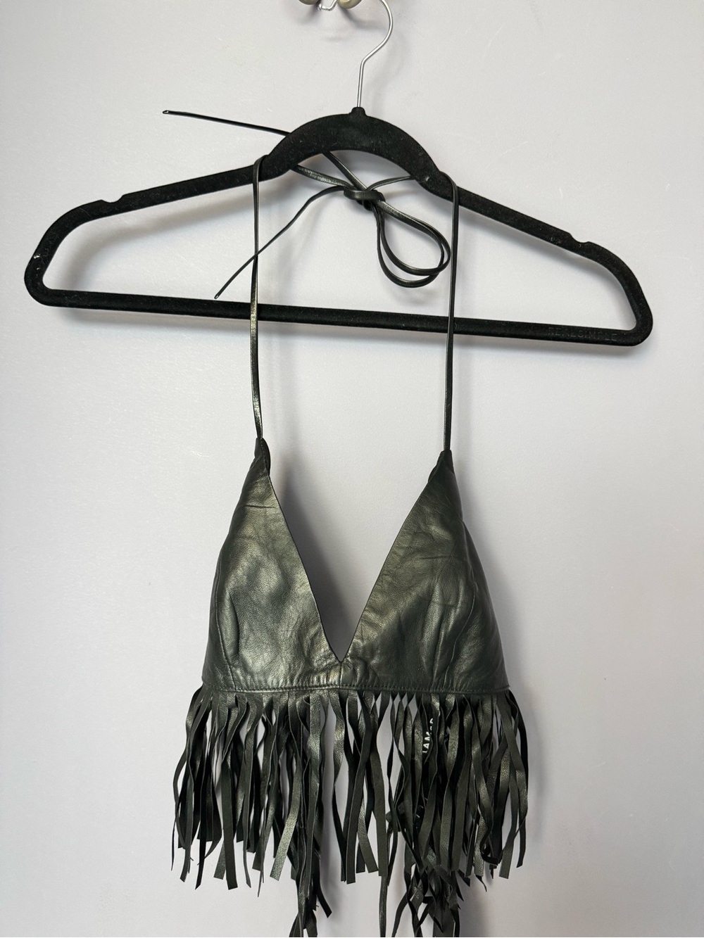 Lamarque Black Leather Fringe Halter Crop Top